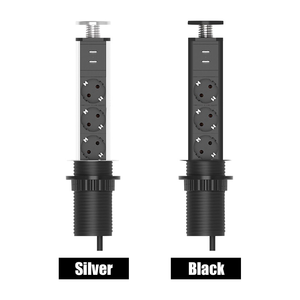 Charging Station 2 USB Port Living Room Retractable Countertops Power Outlet Aluminum Alloy 3 Plugs Desktop Socket