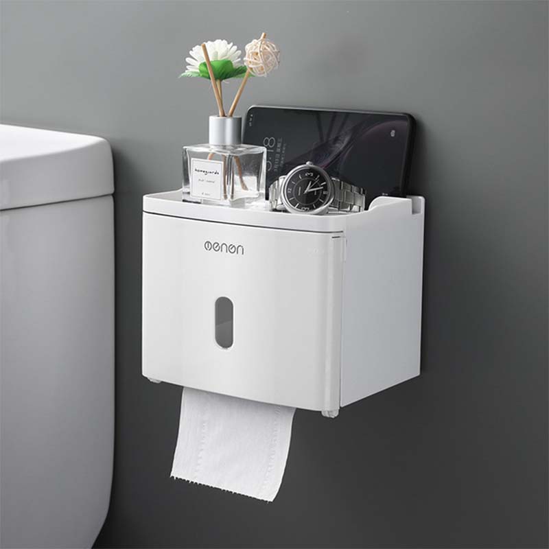 Toilet Paper Roll Holder Wall Mounted Paper Towel Holder Bathroom Tissue Box Storage Rack Waterproof Shelf Bathroom Accessories: White