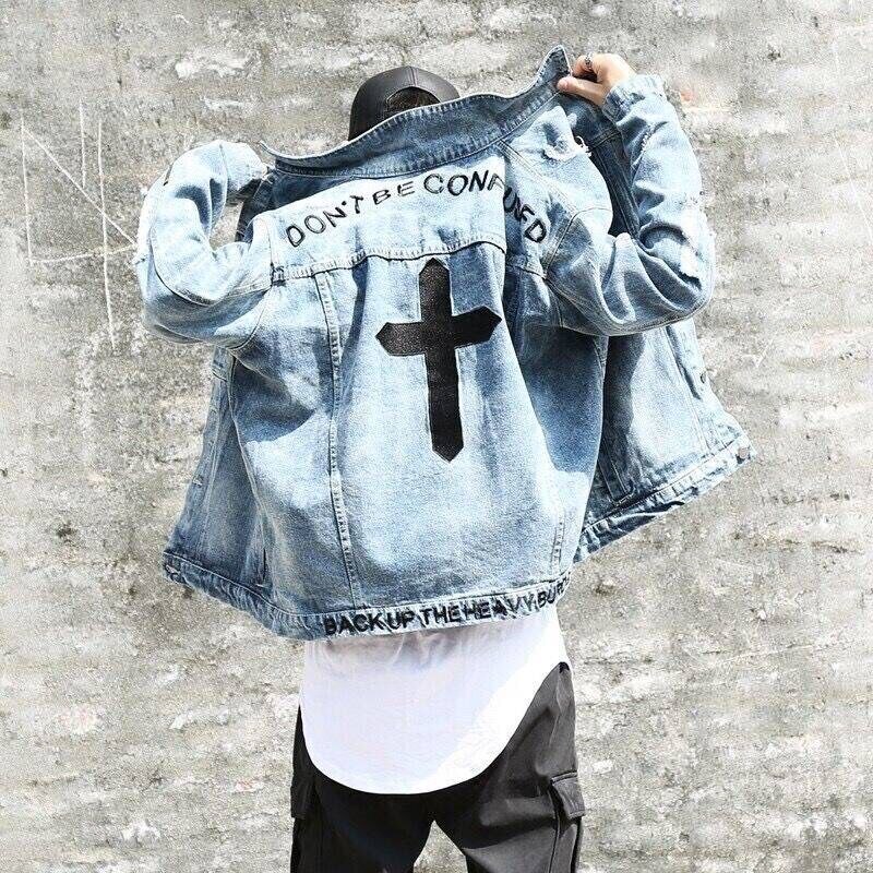 suelta chaqueta de Denim apenado chaqueta carta estampado de cruces de talla grande de los hombres de coreana Slim hombre chaquetas