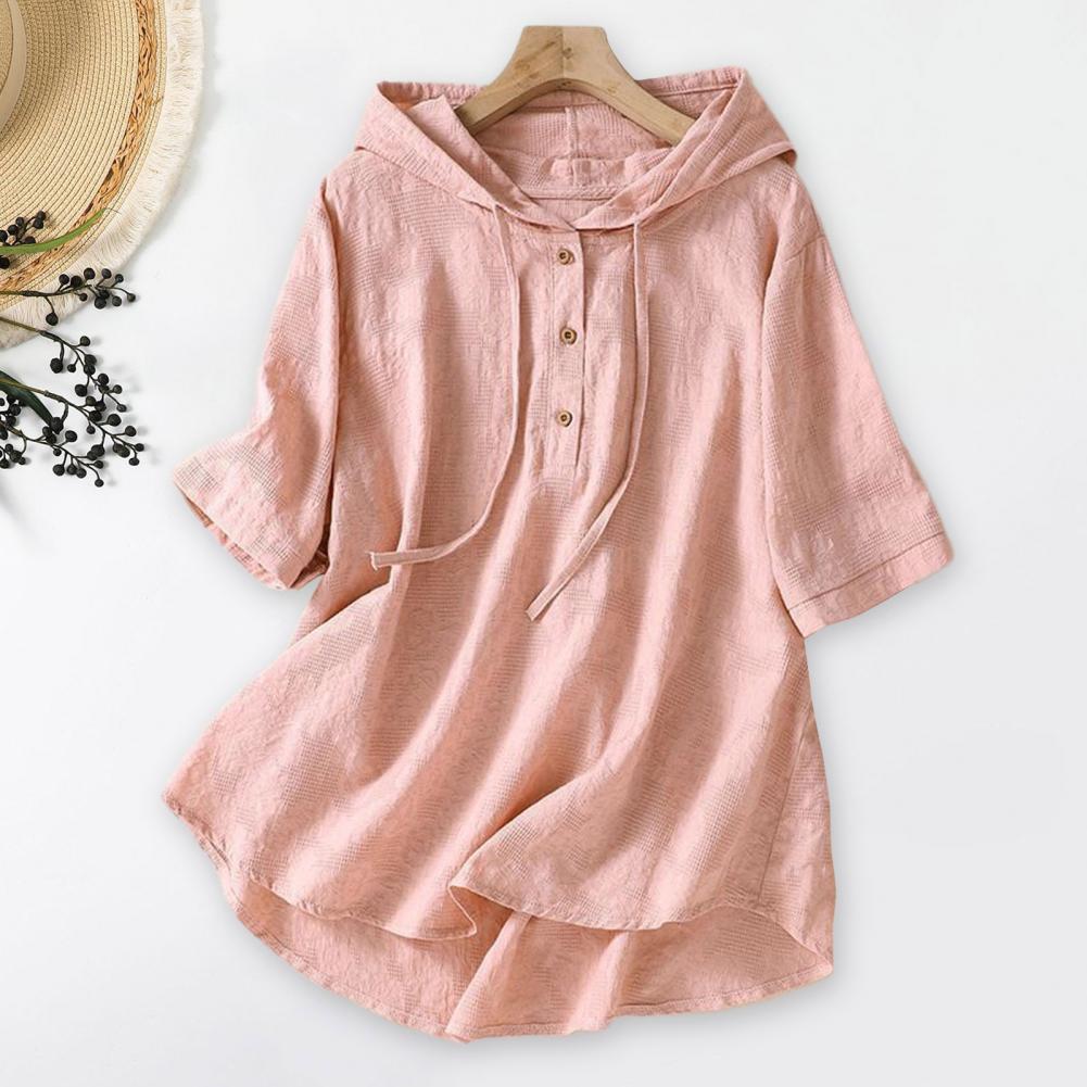 Dames T-Shirt Vintage Halve Mouw Capuchon Dames Geborduurde Loszittende Blouse Met Trekkoord Dun