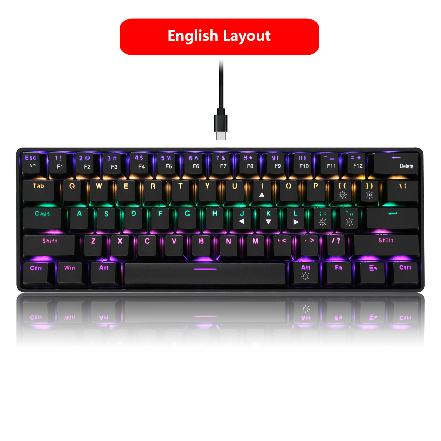 RedThunder 60% Mechanical Gaming Keyboard,Blue Switch,61 Keys Wired Keyboard, Rainbow RGB Backlight for PC Mac Gamer（Black）: US Layout / Blue Switch