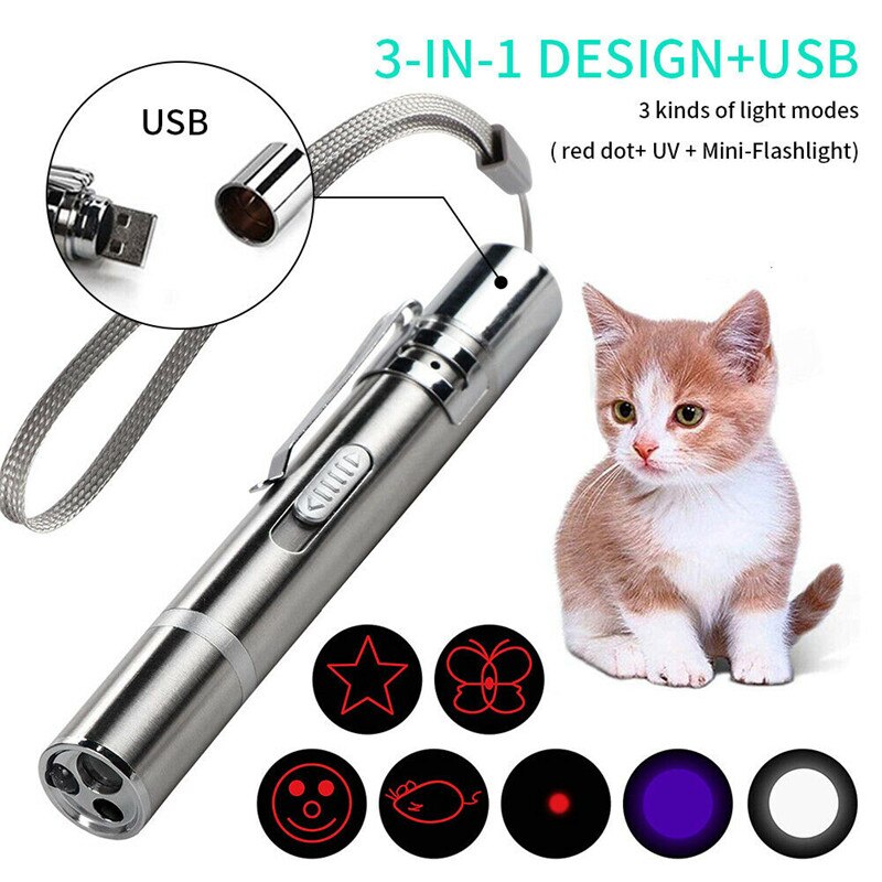 Katt lätta leksaker rolig katt pinne husdjur träning övning chaser verktyg, usb uppladdningsbar interaktiv katt hund universella leksaker