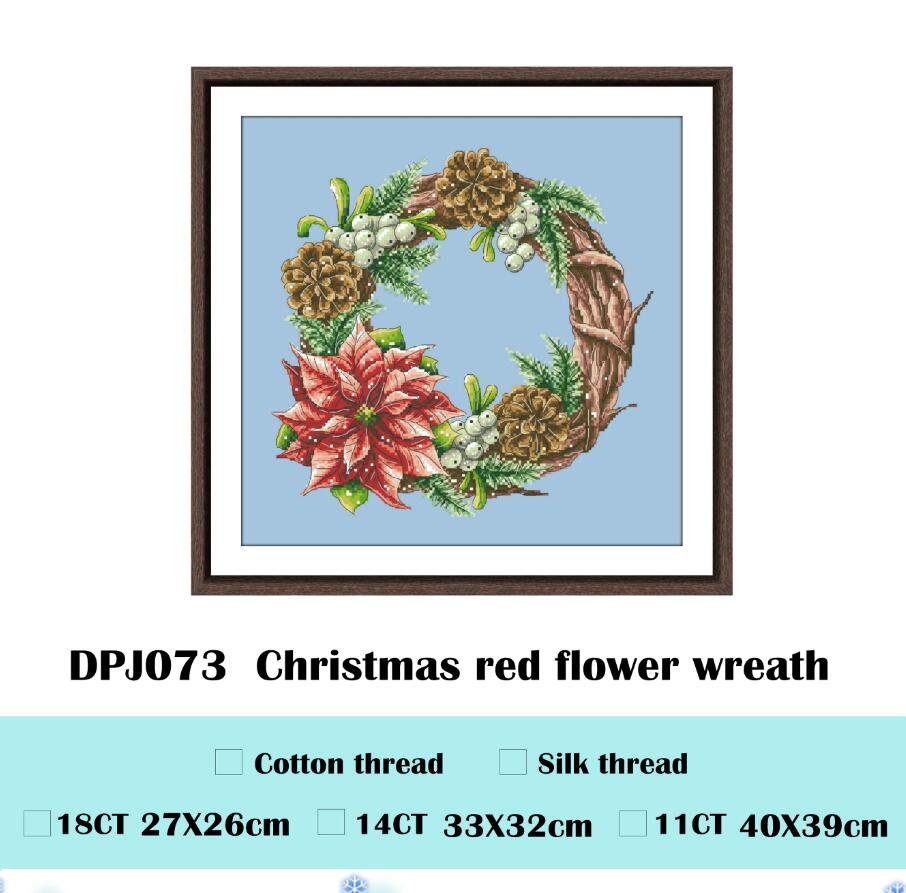 Christmas red flower wreath cross stitch kit package 14ct 11ct sky blue fabric cloth cotton thread embroidery DIY handmade: D / Silk thread / 14ct sky blue can
