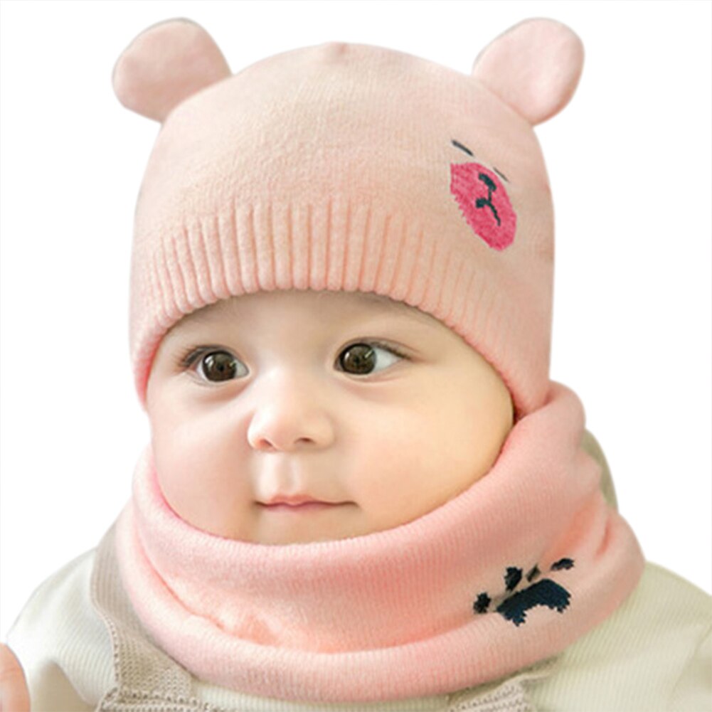 Baby Winter Caps Sjaal Suits Warm Gebreide Beanie Cap Leuke Cartoon Beer Beanie CX17: Pink