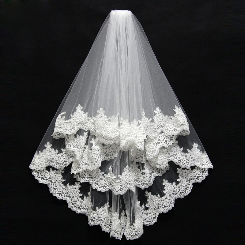 Two Layer White Ivory Tulle Bridal Veil Lace Edge Cheap Short Wedding Veils Veu De Noiva Longo In Stock