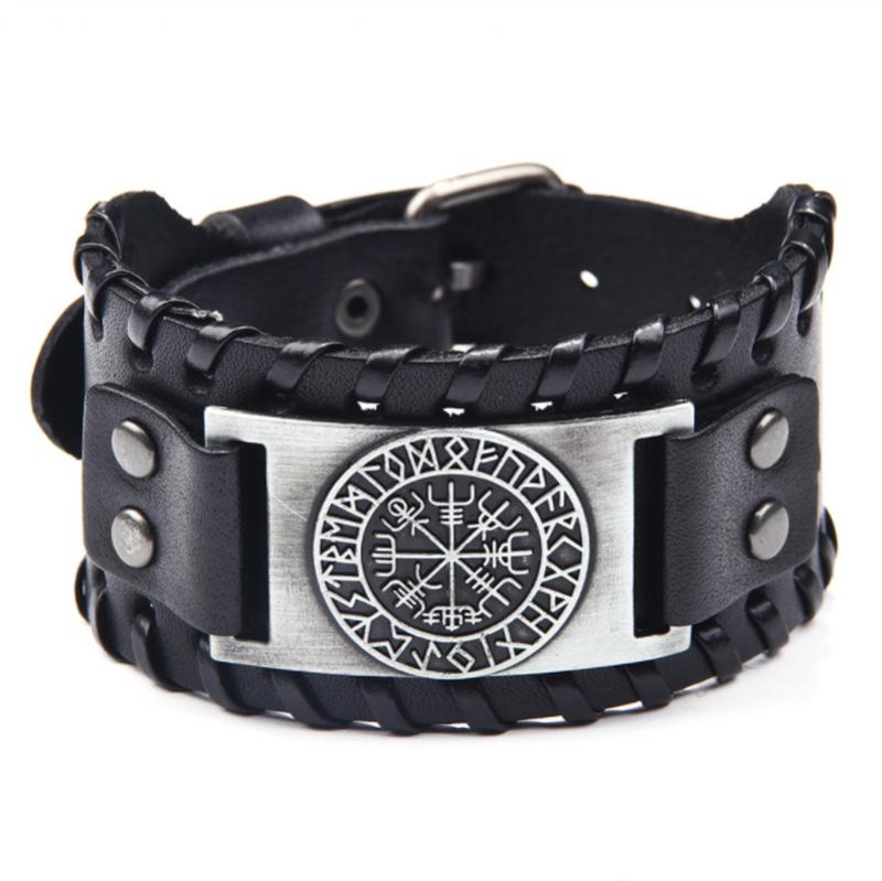 Nordic Vintage Kompas Talisman Viking Armband Punk Lederen Verstelbare Pols Wrap Armband Voor Mannen Boy Biker Sieraden