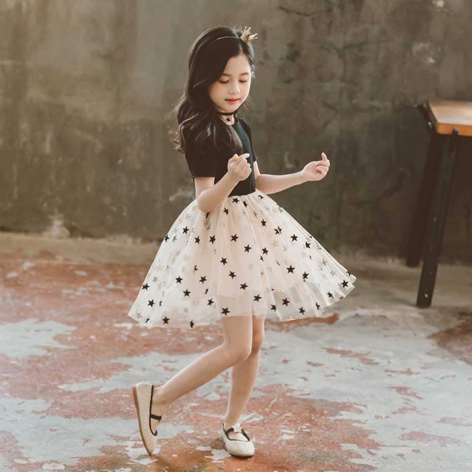 Girls Dress Patchwork Mesh Dress For Girls Star Princess Dress Kids Spring Summer Cute Teenage Clothes For Girls 6 8 10 12 14