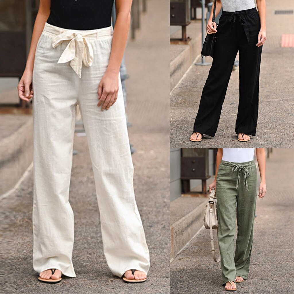 Womens Solid Bandage Loose Casual Wide Leg Leggings Bottom Long Pants Trousers Брюки Женские #Y10