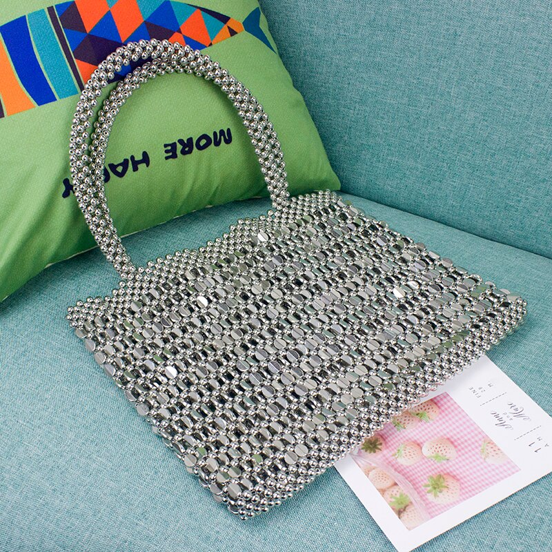 Rock Silver Top-handle Bag Women Punk Heavy Metal Totes Vintage Evening Party Mobile Phone Bag Handmade Beaded Retro Pearl Bag