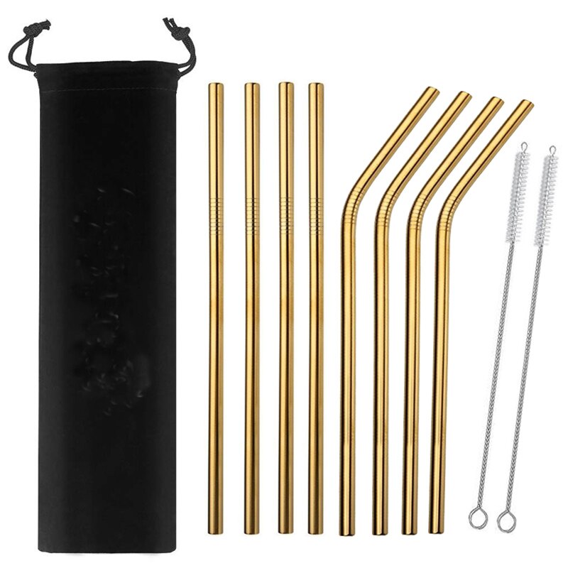 4/8Pcs Edelstahl Strohhalme Metall Wiederverwendbare Trinken Stroh Gold Gerade Gebogen Stroh Mit Reinigung Pinsel und Tasche: Gold(8Pcs)