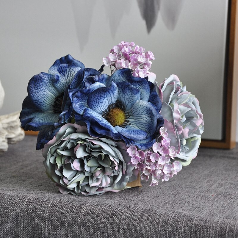Nordic Pioen Boeket Kunstmatige Bloem Bruiloft Bruid Bedrijf Nep Bloemen Eenvoudige Hand Tie Anemone Valentijnsdag Boeket: Blue