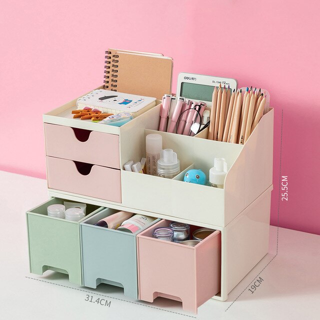 Cosmetic storage box cosmetic table storage box jewelry box plastic drawer dividing rubber band lipstick finishing rack: Double-Pink-Tricolor