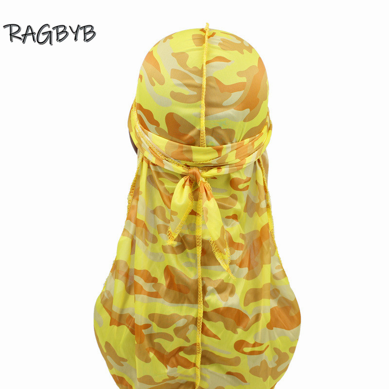 Nuevas pañuelos Durag de seda con estampado de camuflaje para hombres, Durags sedosos, gorro ondulado de cola larga, pañuelo para la cabeza, sombrero para mujer, diadema Durag: YELLOW