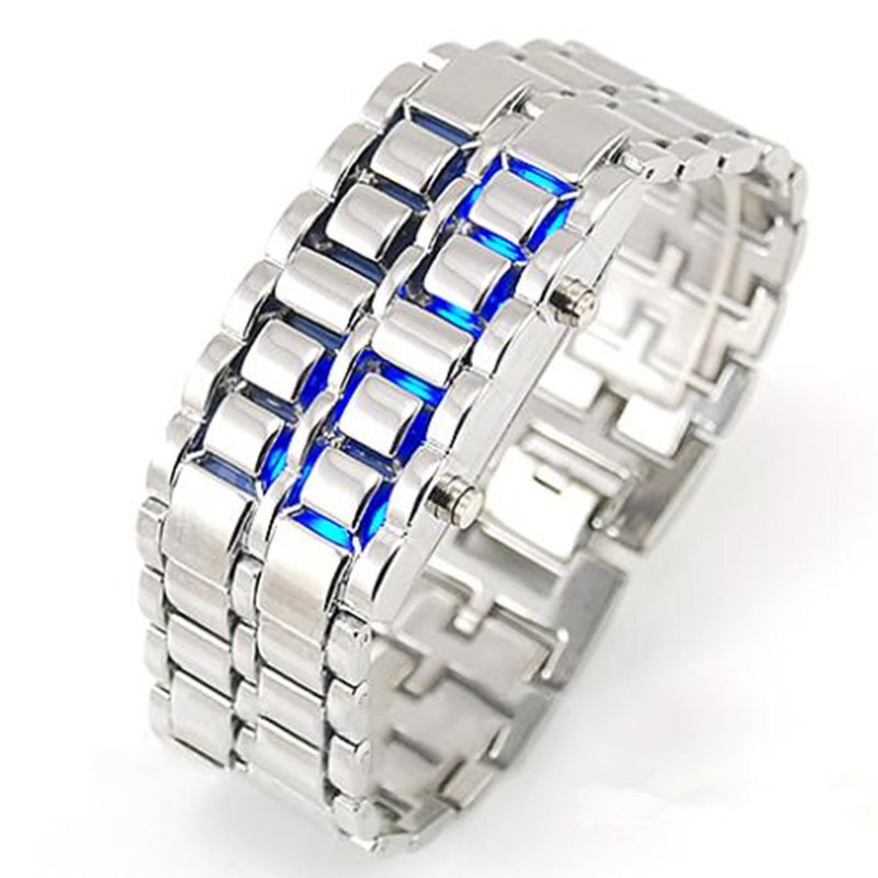 Men Women Lava Iron Samurai Metal LED Faceless Bracelet Watch Wristwatch Full steel Fire digital watch: Silver blue