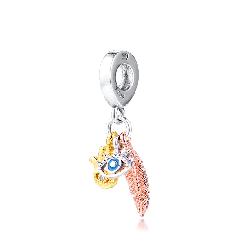 Beads fits for Necklaces Bracelets 100% 925 Sterling-Silver-Jewelry Shine Hamsa Eye Feather Charms