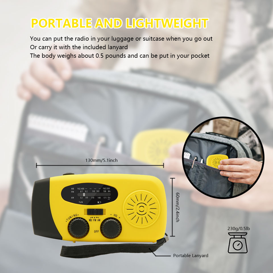 Radio portátil de emergencia, manivela Solar de 2000mAh, cargador de teléfono móvil, Radio AM/FM, linterna LED, luz nocturna para interiores y exteriores