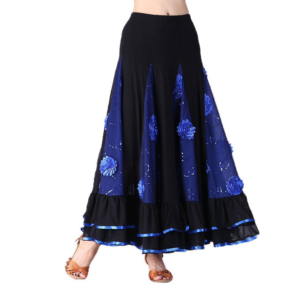 Flamenco Ballroom Waltz Dance Swing Skirt Sequin Flowers Party Dress: Blue