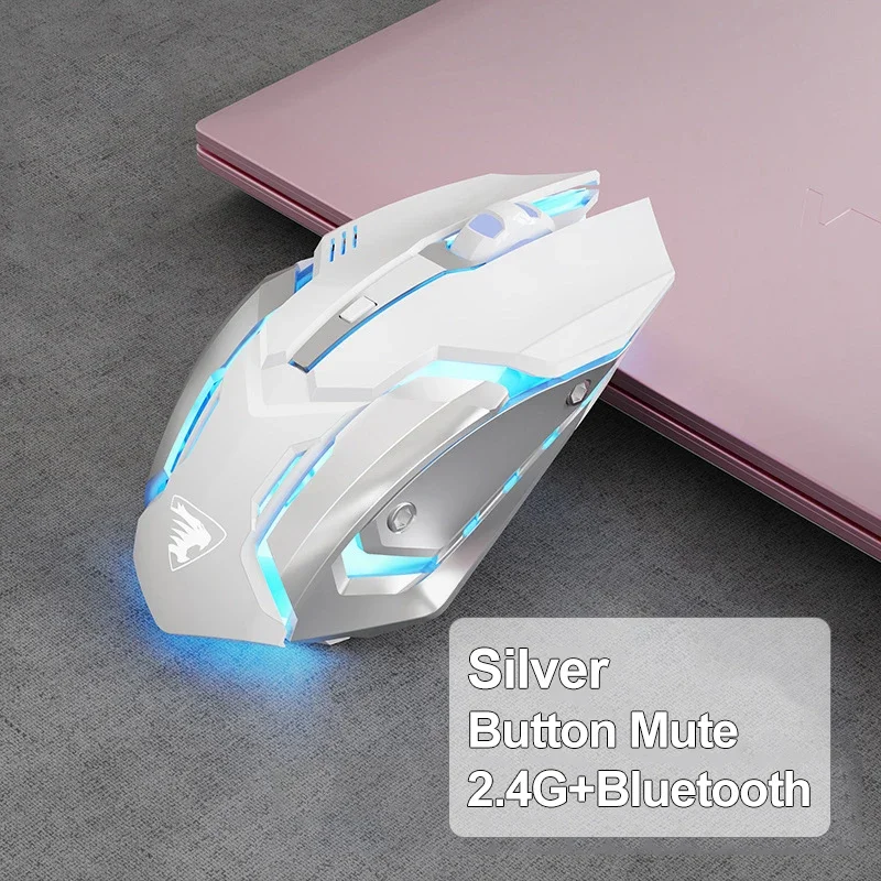 Spillmus oppladbar 2.4 g trådløs bluetooth-mus lydløs ergonomisk mus for datamaskin bærbar pc led-bakgrunnsbelyst mus: Sølv