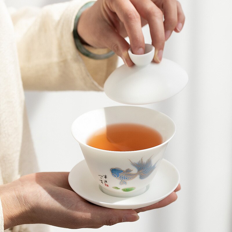 Deksel bolle te kopp hjemmestil keramisk hvittøy stor deksel bolle te bolle sau fett jade enkelt kung fu te sett gaiwan