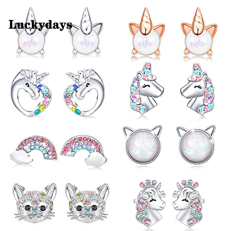 Boucles d'oreilles licorne pour petite fille, bijoux en cristal, chat, papillon, arc-en-ciel, cœur, étoile, de noël, tendance