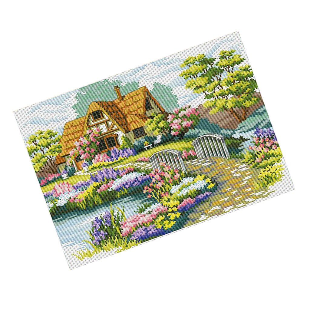 Stamped Cross Stitch Kit Pre-Printed Pattern Embroidery Kits -Garden Cottage