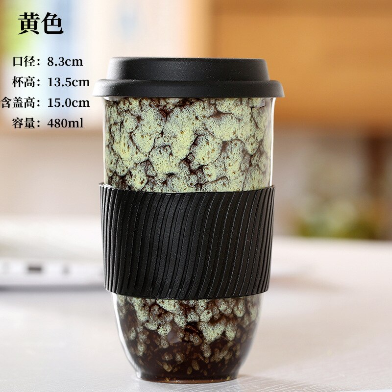 Large Ceramic Kiln Change Mug Cup With Lid Portable Couple Pottery Coffee Cups Water Mug Porcelain Milk Tea Mugs: G-480ml