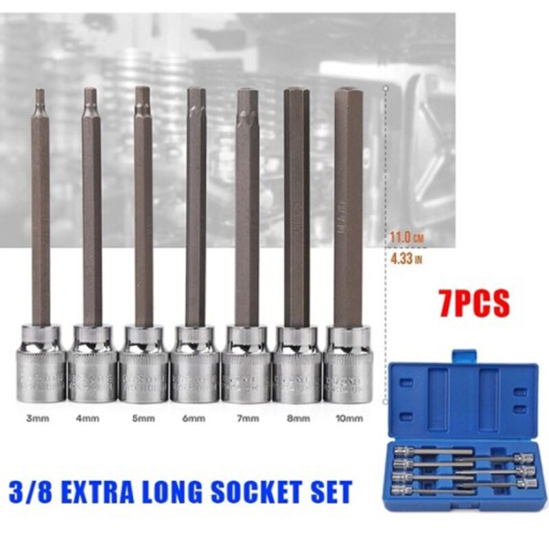 7Pc 3/8 Extra Long Socket Set 3-10mm Socket Adapter for Torque Socket Wrench Hex Key Screwdriver Bit Set