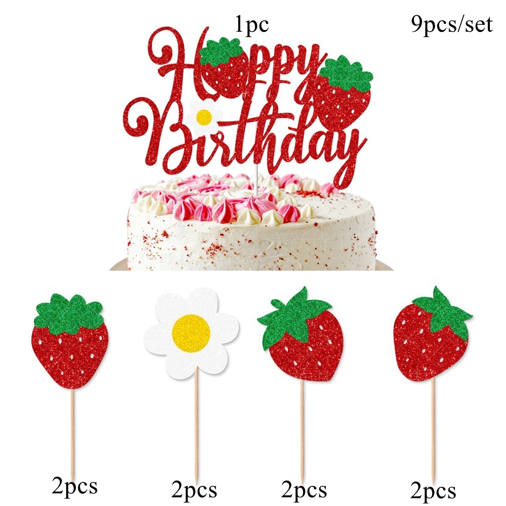 1set Bling Strawberry Cupcake Toppers Sweet One Topper for Summer Strawberry Fruits Themed Happy Birthday Party Cake Decoration: light green