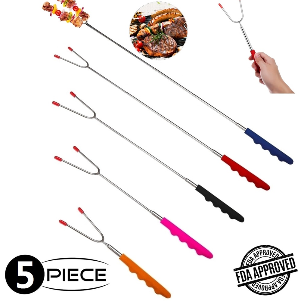 Marshmallow Roasting Sticks,5sets Barbeque BBQ Skewers,45inch Extended Smores Dog Fork with Silicone Handle for Campfire Pit