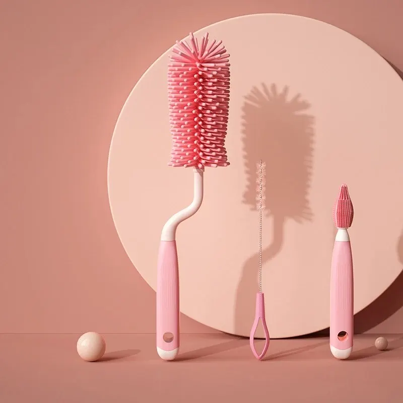 Set di strumenti per la pulizia da 360 gradi Tazza di vetro Lavaggio Spazzola pulita Spazzola per pulizia bottiglia in silicone da cucina Ciuccio per bambini Scrubber in paglia: Colore rosa