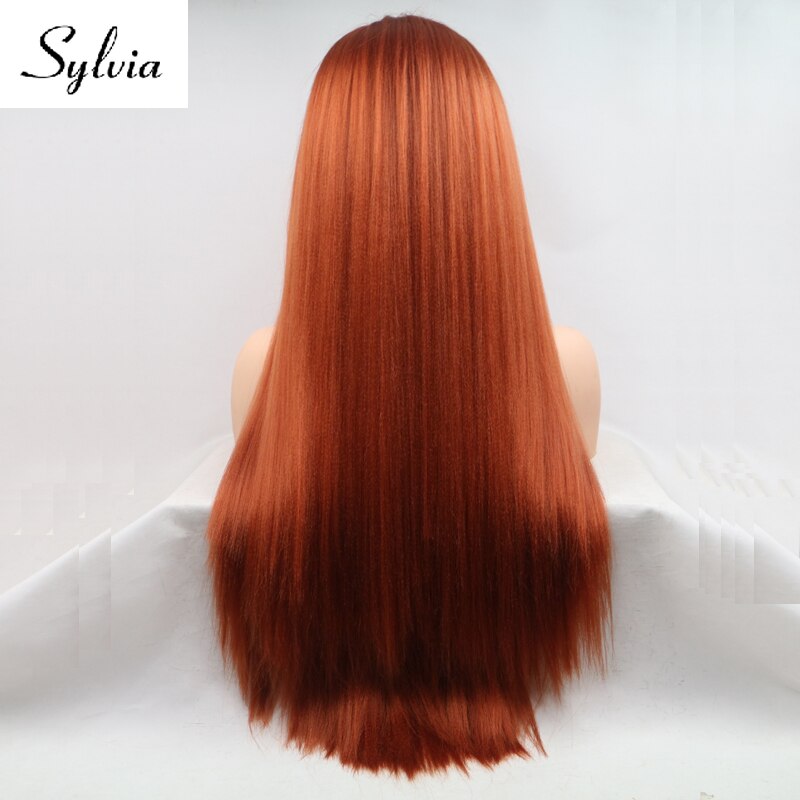 Sylvia 360# Red Brown Yaki Straight Synthetic Lace Front Wigs Natural Glueless Heat Resistant Fiber Hair for Woman