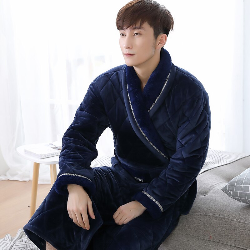 Inverno longo robe para o sexo masculino três camadas acolchoado roupão grosso flanela sleepwear plus size xxxl quimono roupões de banho dos homens salão quente