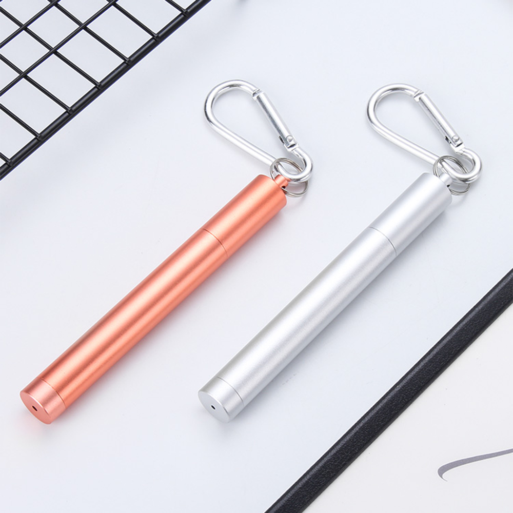 Roestvrij Staal Vouwen Stro Telescopische Rietje Pen Shaped Case Carabiner Herbruikbare Metalen Stro Reizen Picknick Drinkware