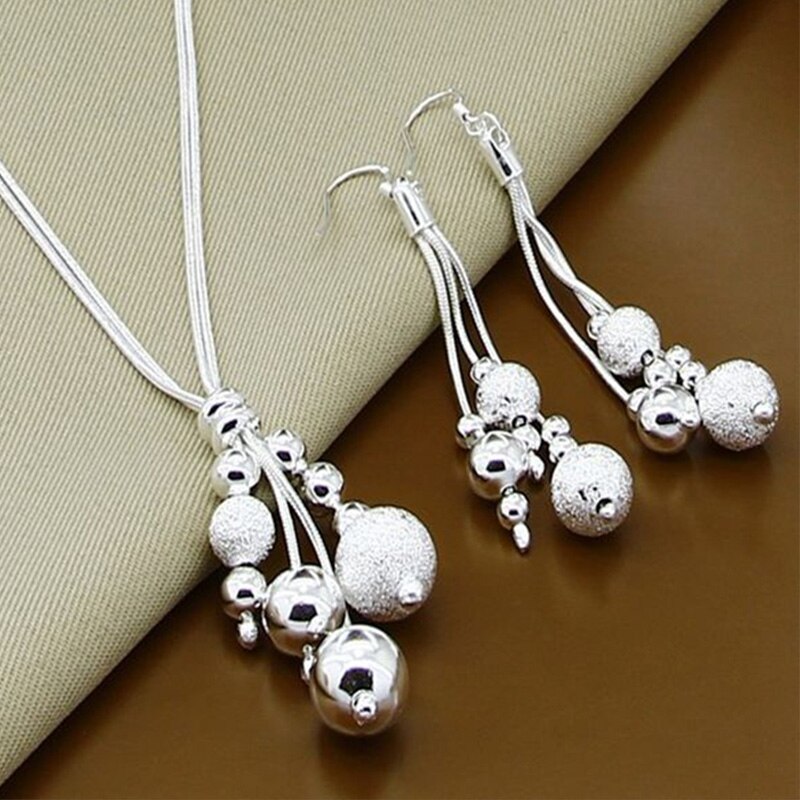 925 Silver Jewelry Set Bead Necklace Earring For Women Jewelry