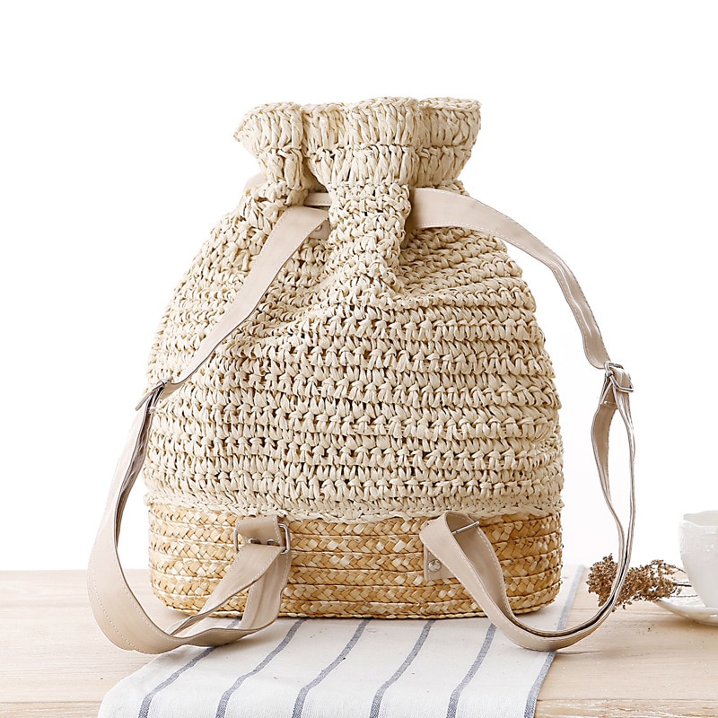 Summer Knitted Flower Drawstring Bag Crochet Straw Pouch Bohemian Hollow Out Backpack Women Textile Bags Beach