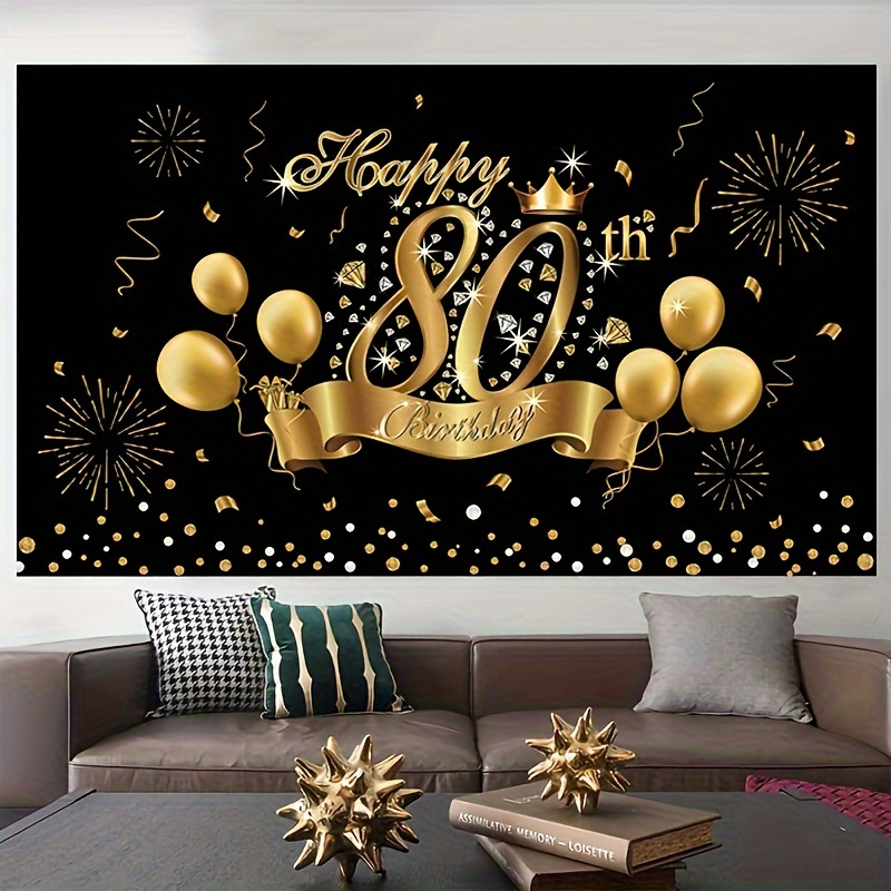 Decoración de feliz cumpleaños, decoración de feliz 80 cumpleaños, pancarta, telón de fondo, decoración de , cartel de 80 cumpleaños dorado negro
