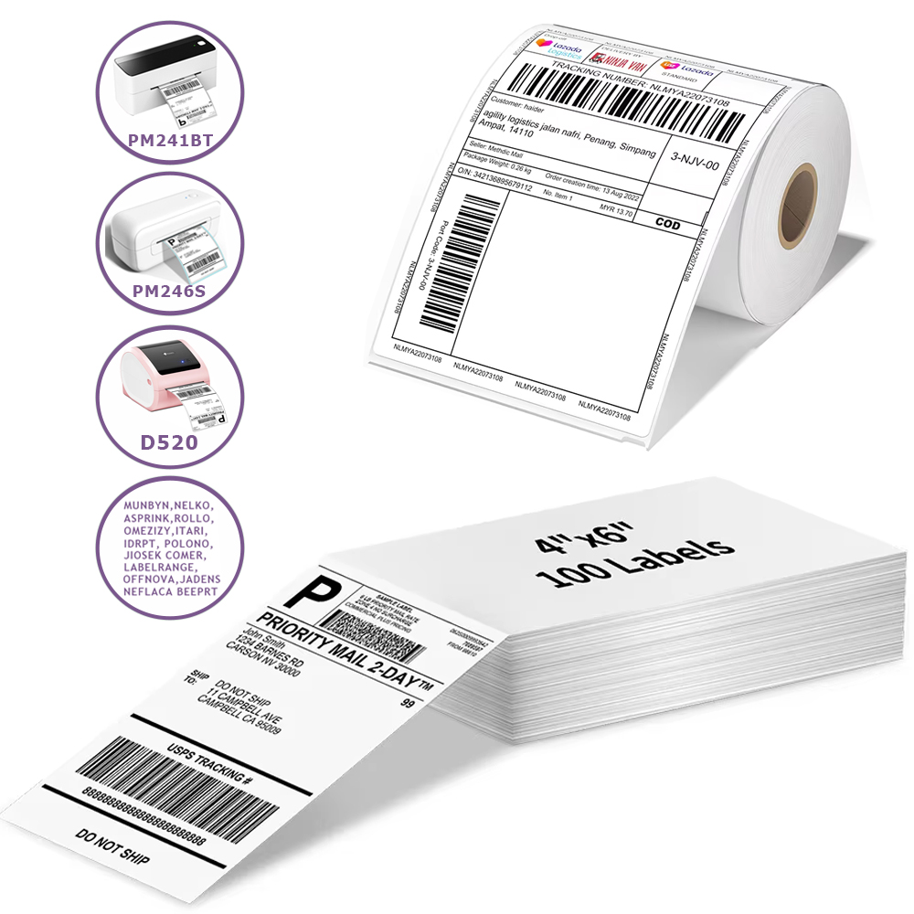 Phomemo A6 Größe 4x6'' Versandetiketten FanFold Papier 241BT 246S D520 DYMO 4XL Zebra Munbyn für Logo Barcode