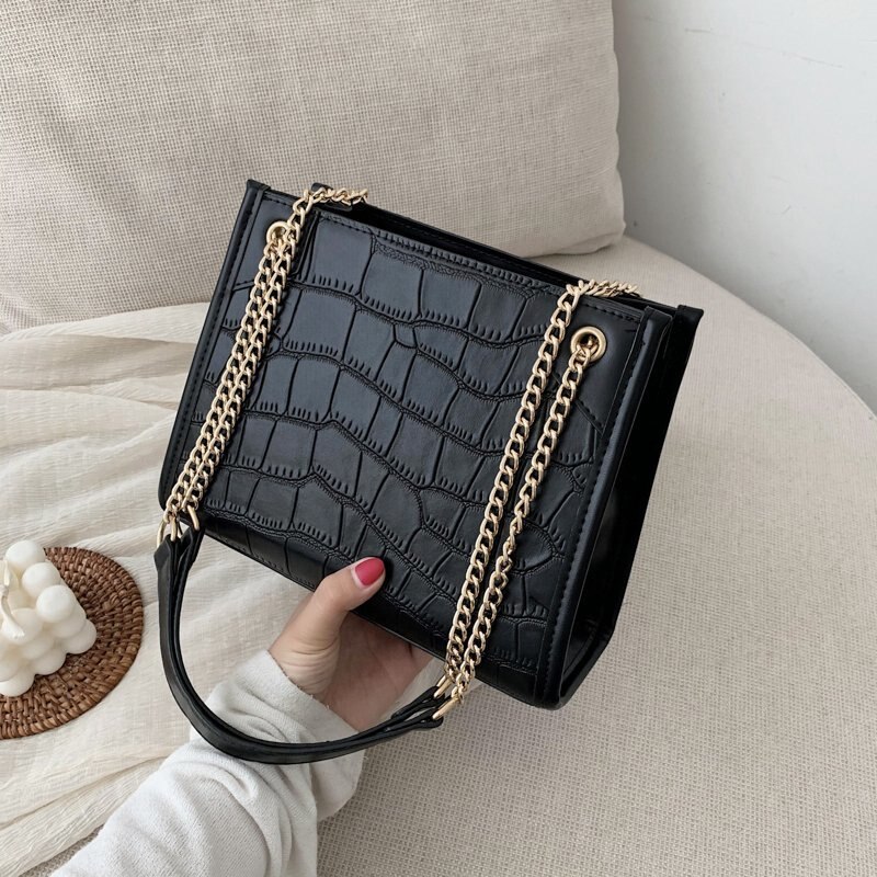 Stenen patroon kleine pu leren schoudertassen voor vrouwen dames crossbody tas dames handtassen ketting handtas: Zwart