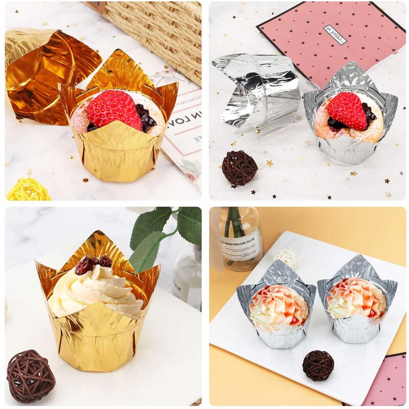 50Pcs Golden Muffin Cupcake Liner Tulip Flower Shape Cupcake Liner Baking Cup Tray Cake Wrapper Tray Case Oilproof Cake Wrapper