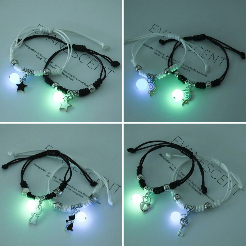 2 unid/set de pulseras románticas luminosas para parejas, pulseras con colgante de gato y estrellas a la , joyería de de amistad al por mayor
