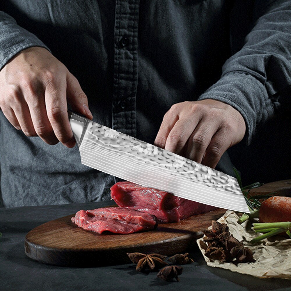 Couteaux de cuisine japonais en acier inoxydable 4cr13, ustensile de cuisine damas couteau à trancher au marteau forgé de 8 pouces couteaux de cuisine utilitaires