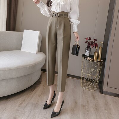 Spring Korean Style Women Formal Harem Pants with Belt High Waist Office Lady Ankle-Length Chic Pants Female: Army Green / S