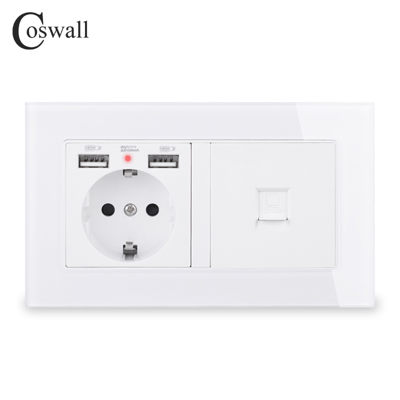 COSWALL Rusia España UE enchufe de pared estándar 2 puerto de carga USB con LED suave oculto + conector de Internet CAT5E RJ45 marco de vidrio