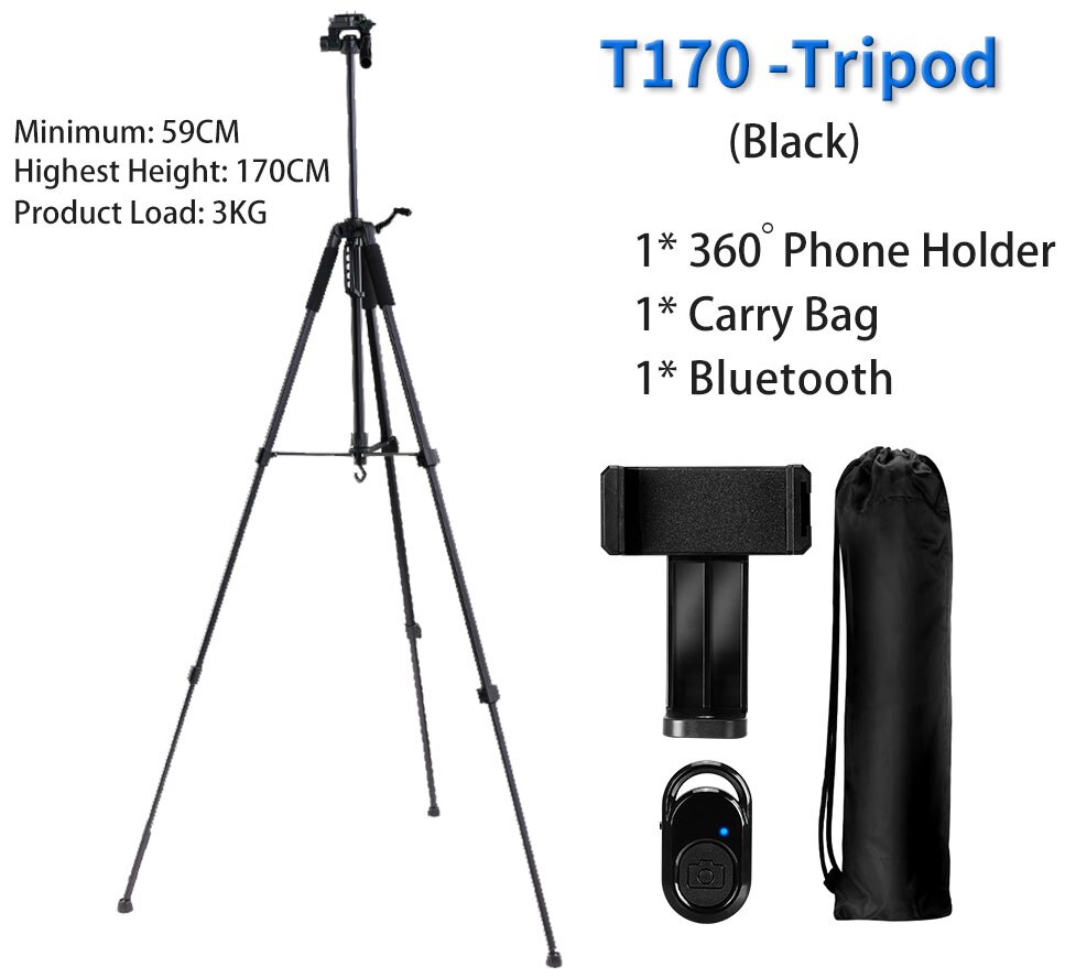 180cm kamerastativ til telefon med bæretaske fotografering mobiltelefonstativ med bluetooth fjernbetjening til video/dslr/canon: T170 sorte alle