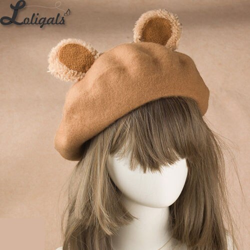 Lovely Lolita Bear Ear Berets Cute Female Wool Berets for Winter: brown 2