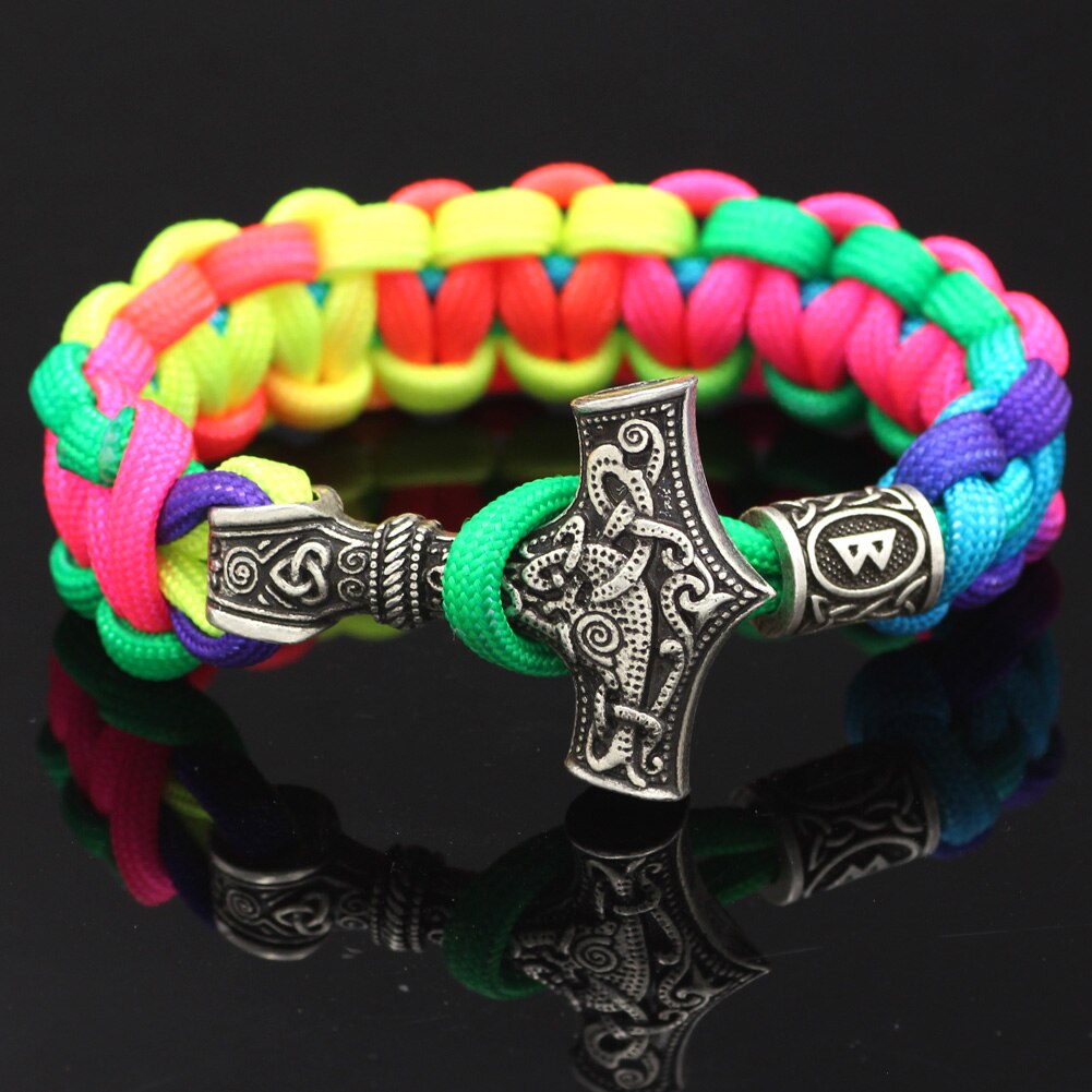Youe Glänzte Nordischen Viking Thor Mjolnir Hammer Paracord Amuletceltic Rune Knoten Amulett Skandinavischen Licht Regenbogen Armband: B
