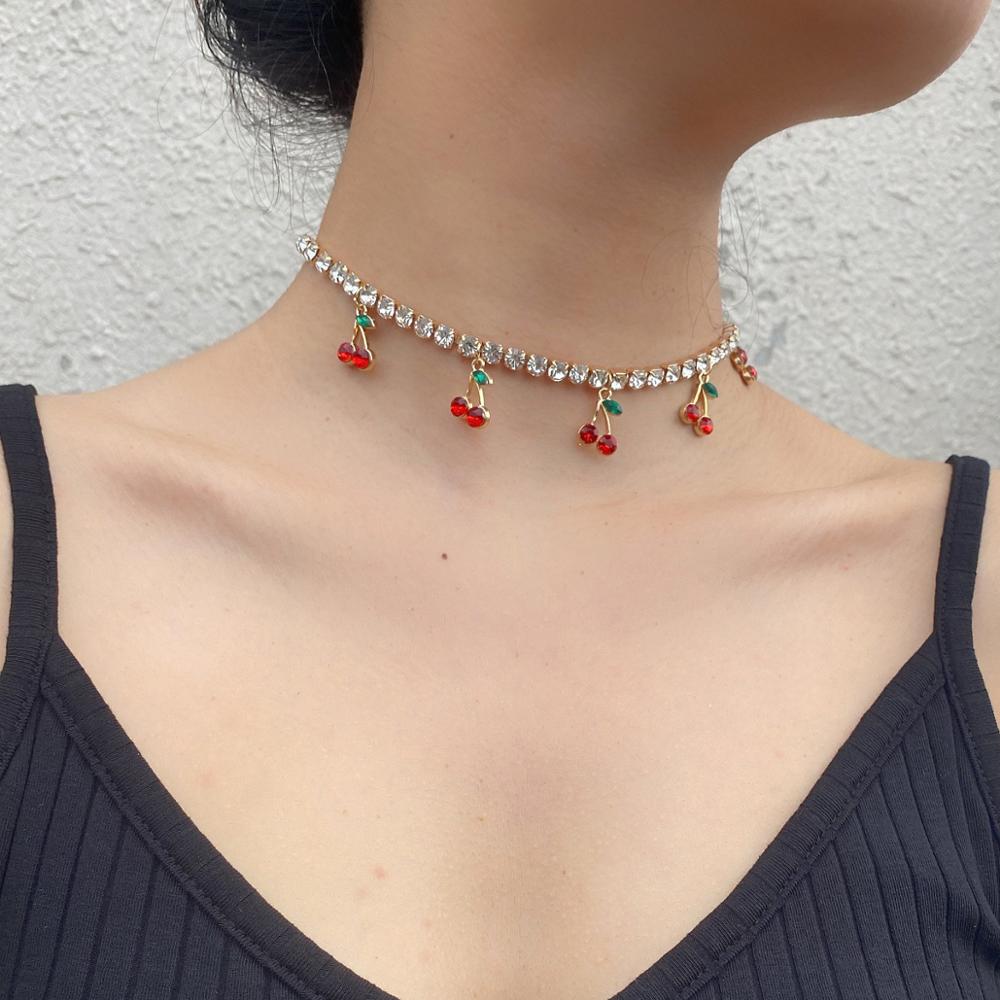 Collier pendentif cerise en cristal pour femmes, collier de Tennis pour femmes et filles, collier ras du cou cubain, bijoux hip hop, idée