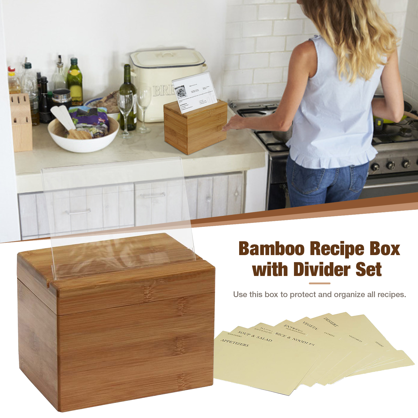 Recipe Storage Box Set Bamboo Recipe Box Wooden Recipe Box With Divider For Kitchen Home Storage