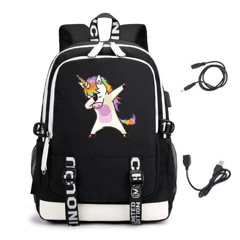 Mochila de unicornio haciendo un DAB para estudiantes adolescentes, mochilas para niñas con carga USB, mochila para ordenador portátil, mochilas de viaje Casuales: Black 01