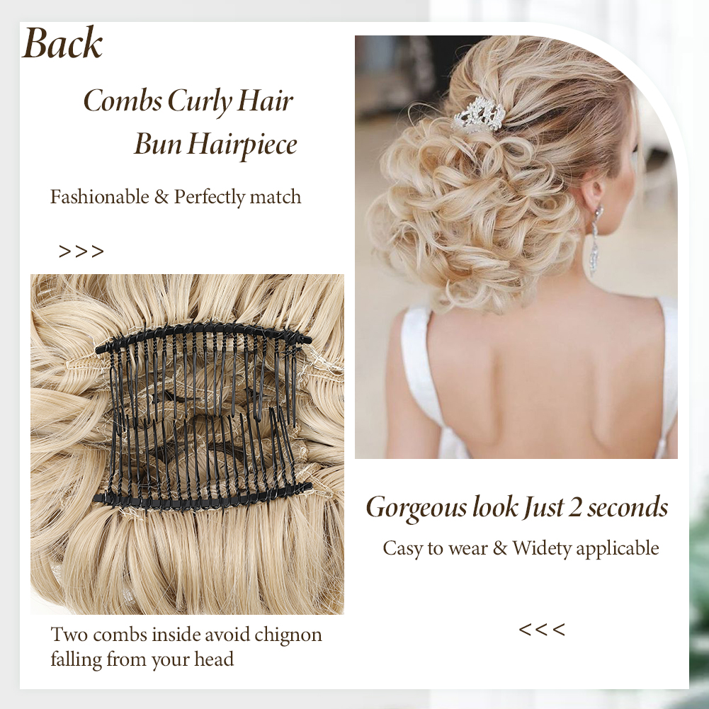Coque bagunçado coque de cabelo premium sintético encaracolado prato de cabelo pentes de metal em elegante scrunchie bun extensão de cabelo para mulheres